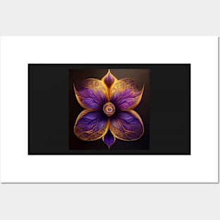 psychedelic flower, gold and violet Posters and Art